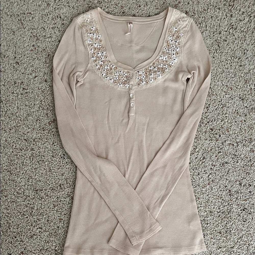 Free People Light Beige Sequin Embellished Long Sleeve Top
